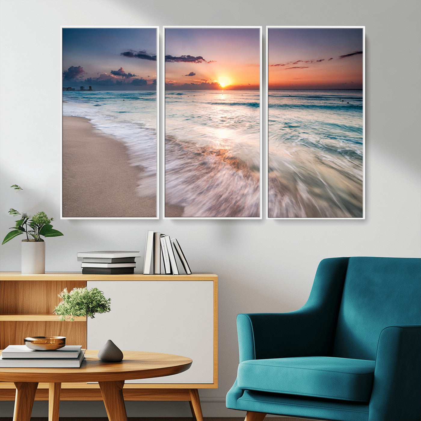 MGV-FC-48X32-3P - Sunset Beach Wall Art – Soothing Coastal Landscape, Ready to Hang for Tranquil Home Decor