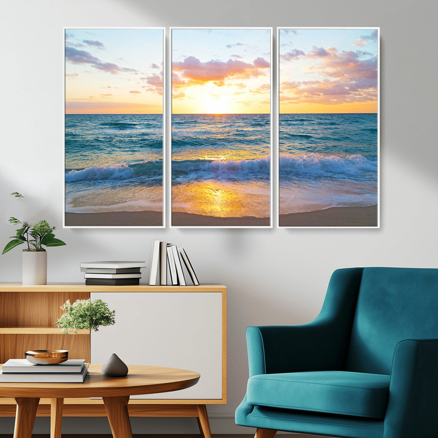 MGV-FC-48X32-3P - Golden Sunset Over Ocean Waves - Serene Coastal Triptych Wall Art for Relaxing Home Decor, Ready to