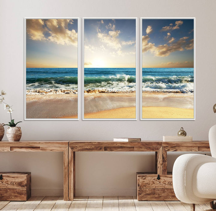 A Golden Sunset Beach triptych adorns the wall.