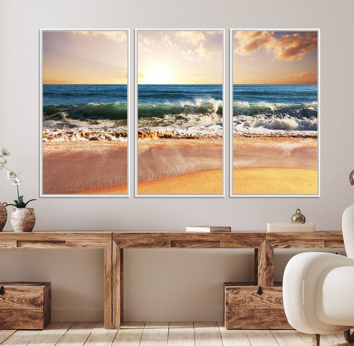 A Sunset Beach Wall Art hangs on the wall.