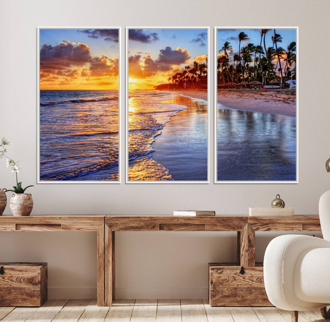 Serene Beach Sunset Wall Art Canvas featuring ocean waves hangs prominently.