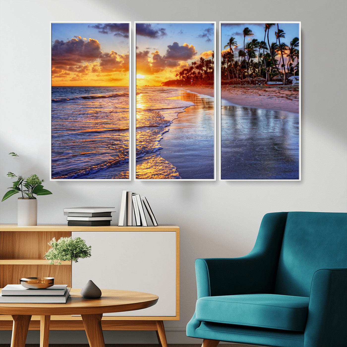 MGV-FC-48X32-3P - Serene Beach Sunset Wall Art Canvas- Coastal Seascape Print for Living Room or Bedroom, Ocean Waves