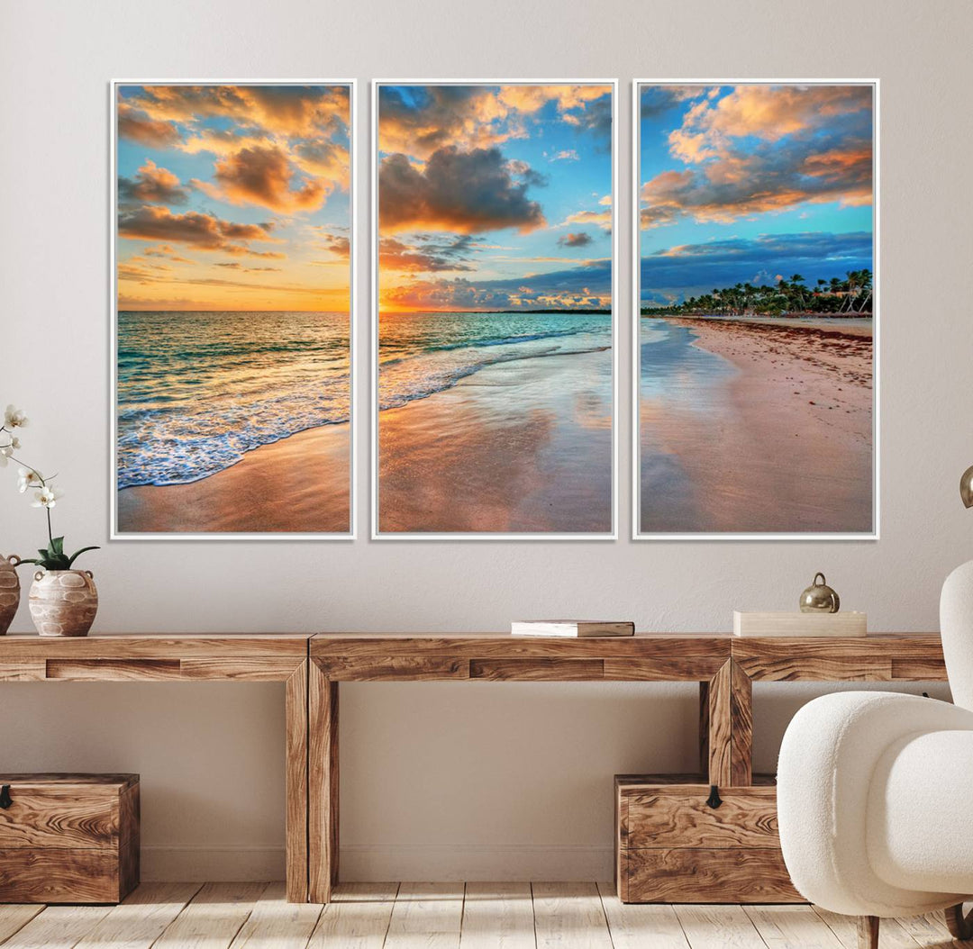 The Serene Beach Sunset Wall Art captures waves gently on the sandy shore.