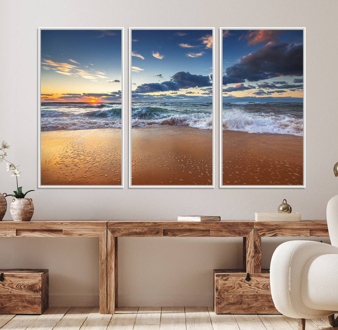 A Beach Canvas Wall Art depicting ocean waves and a tranquil sunset hangs above, capturing the serene beauty of coastal scenery.