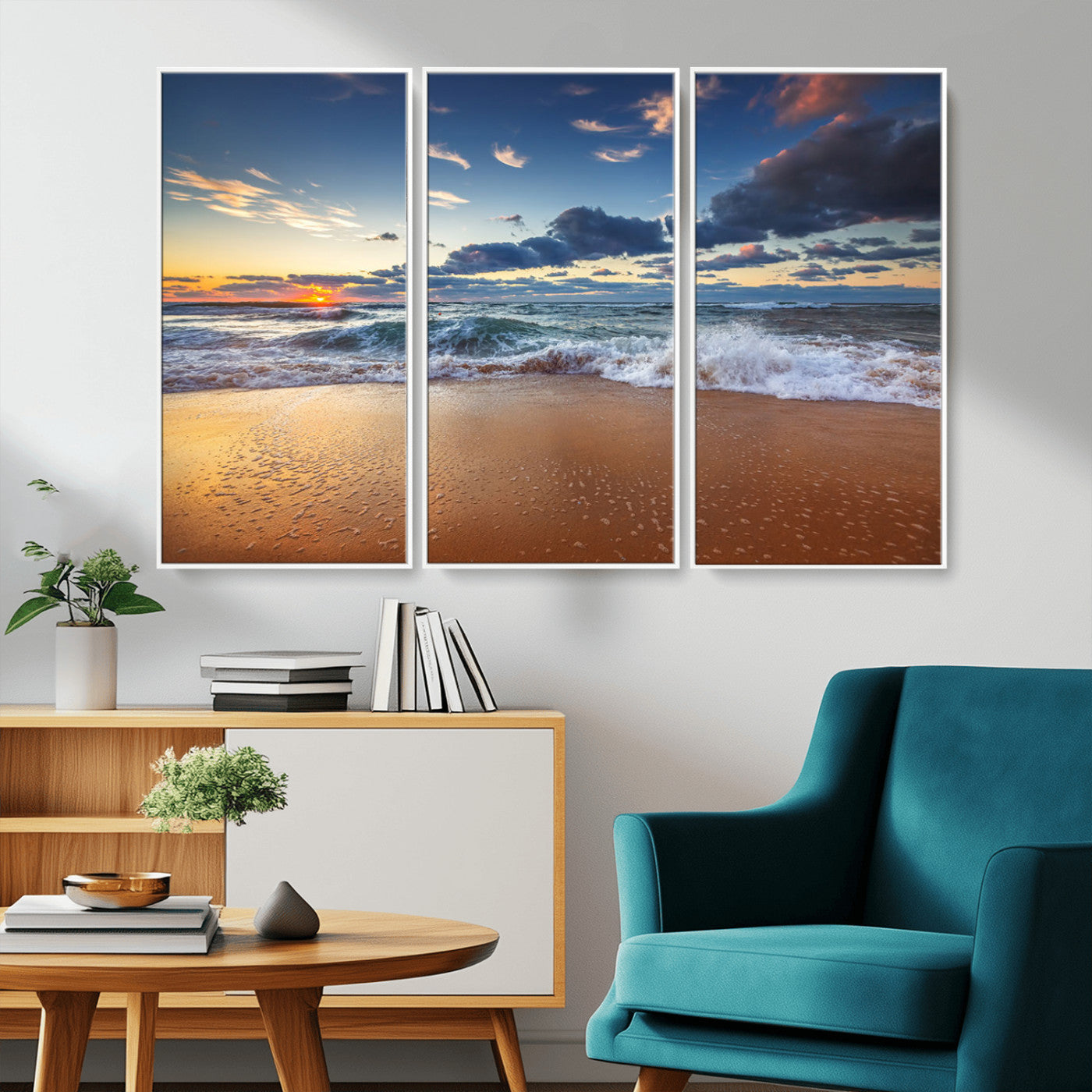 MGV-FC-48X32-3P - Beach Canvas Wall Art - Coastal Seascape Print for Living Room or Bedroom, Ocean Waves on Sand,