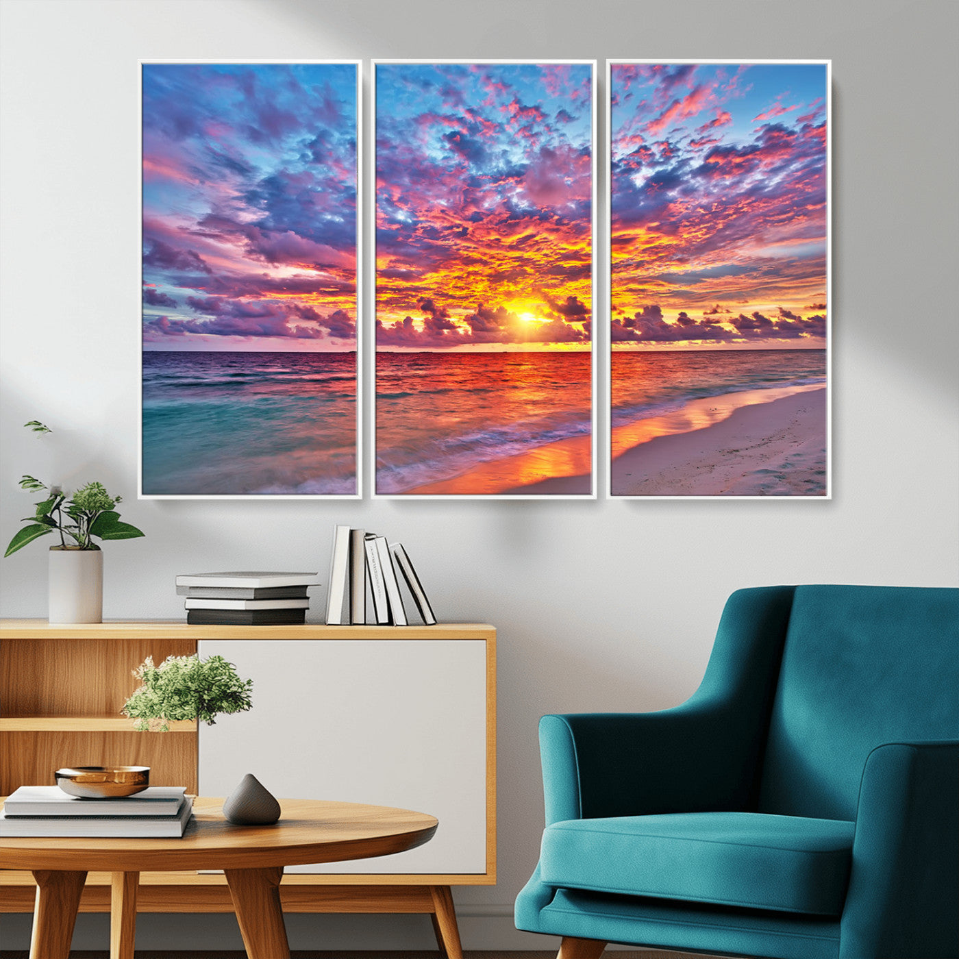 MGV-FC-48X32-3P - Vibrant Sunset Beach Wall Art - Ocean Sunset Canvas Print | Coastal Wall Art Decor Stunning Sunset