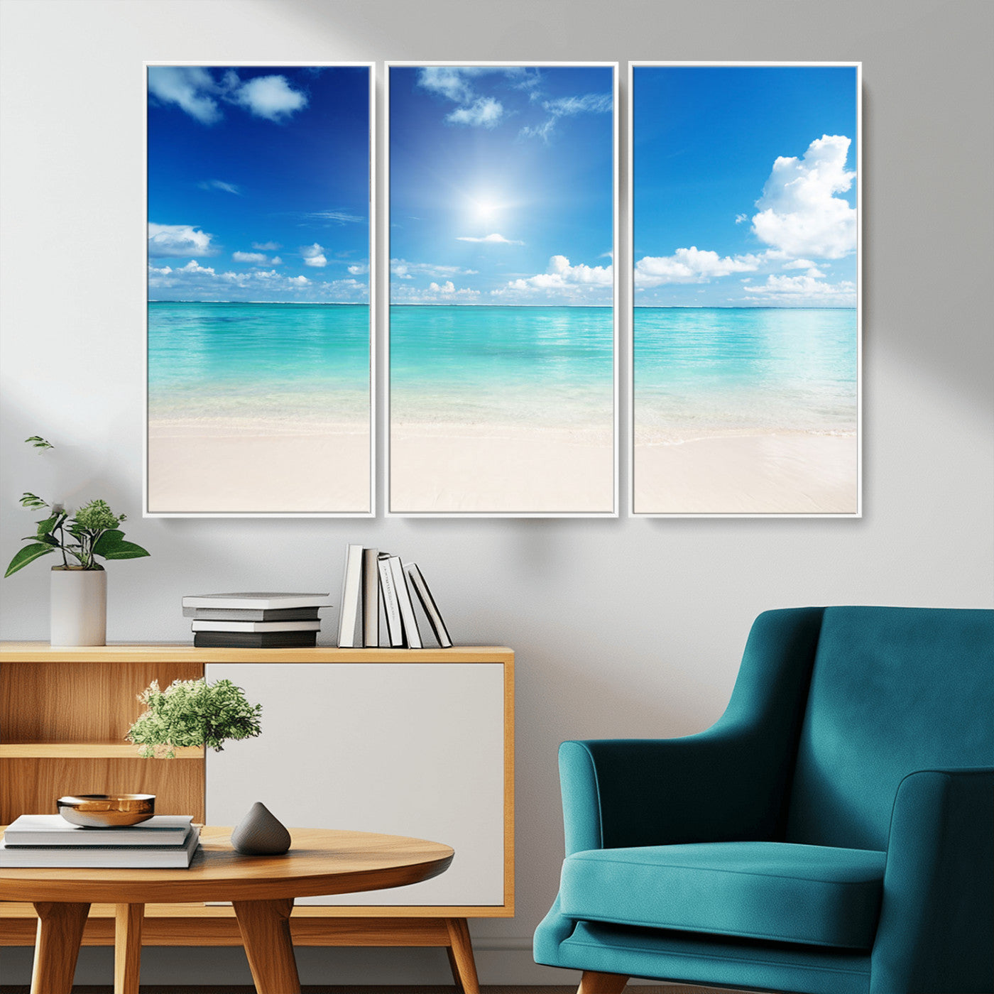 MGV-FC-48X32-3P - Blue Ocean Wall Art Canvas Print - Tranquil Ocean Paradise Triptych Wall Art - Ready to Hang Beach