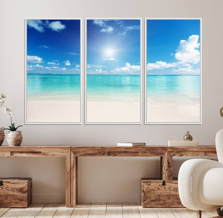 The Blue Ocean Wall Art Canvas Print hangs, creating a tranquil paradise.