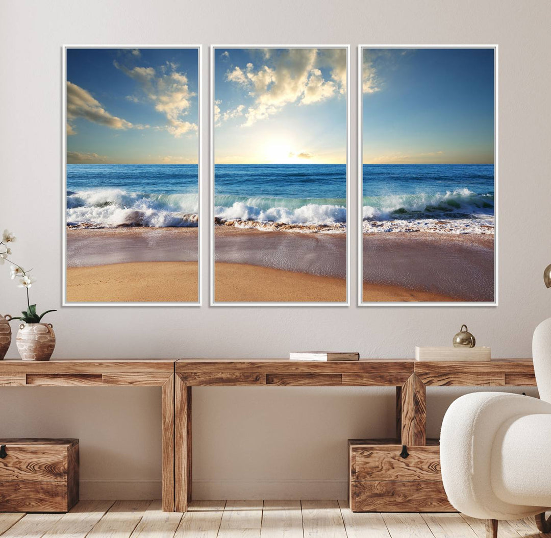 Serene Ocean Sunset Canvas Wall Art with beach waves at sunset.