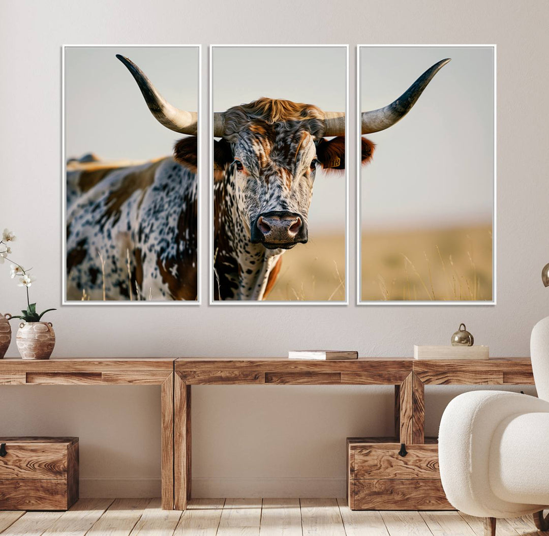 The Texas Bull Longhorn Wall Art Canvas Print is perfect for farmhouse decor.