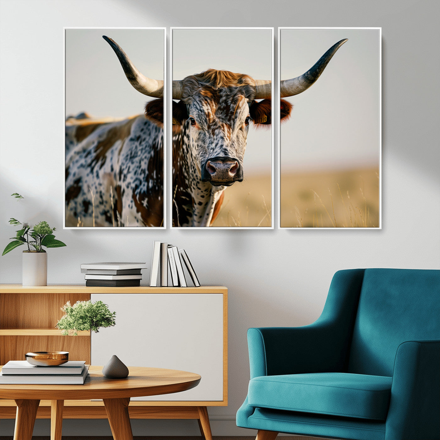 MGV-FC-48X32-3P - Texas Bull Longhorn Wall Art Canvas Print for Farm House Wall Decor, Farmhouse Wall Art Print