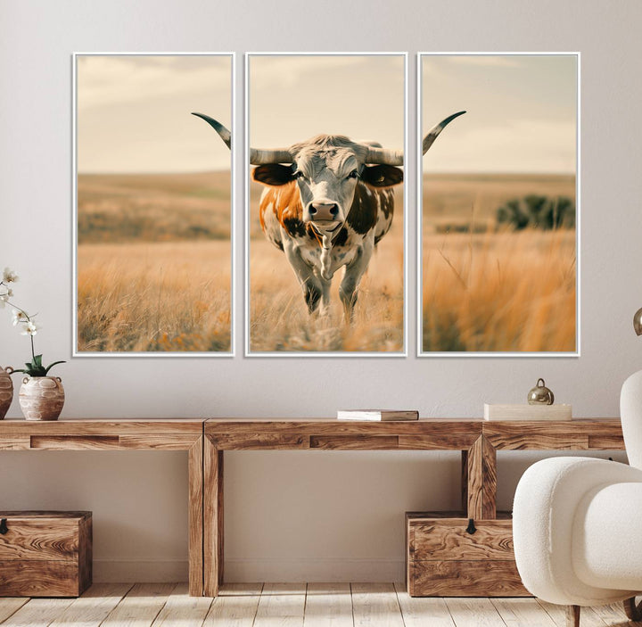 The Texas Cow Longhorn Wall Art Canvas adds rustic charm to the decor.