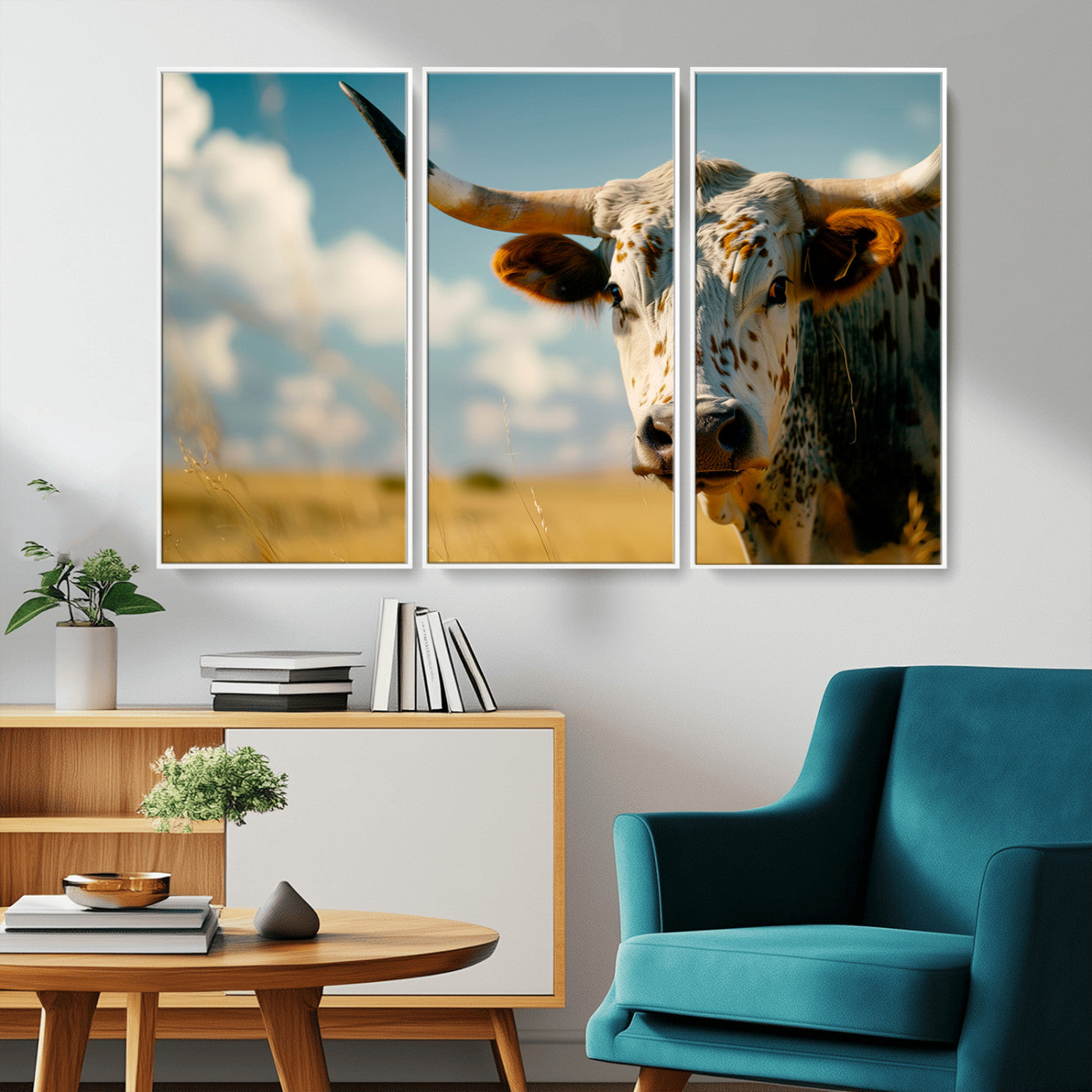MGV-FC-48X32-3P - Longhorn in the Prairie - Stunning Ranch-Style Triptych Wall Art for Western Home Decor, Cowboy Wall