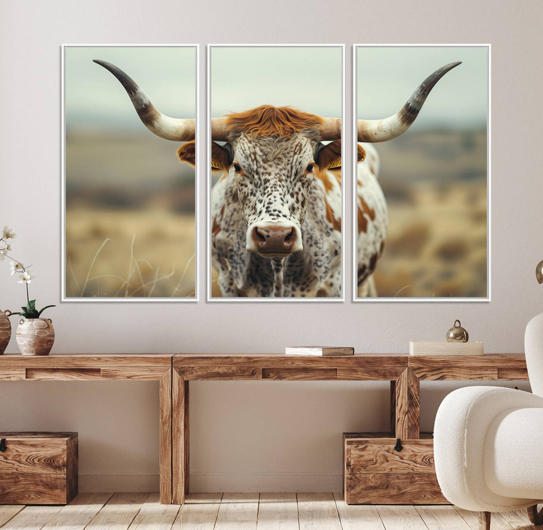 The Texas Cow Longhorn Canvas Print hangs, adding Western elegance.