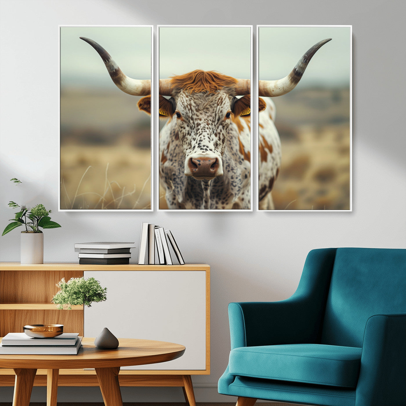 MGV-FC-48X32-3P - Texas Cow Longhorn Wall Art Canvas Print for Farm House Wall Decor, Farmhouse Wall Art Print
