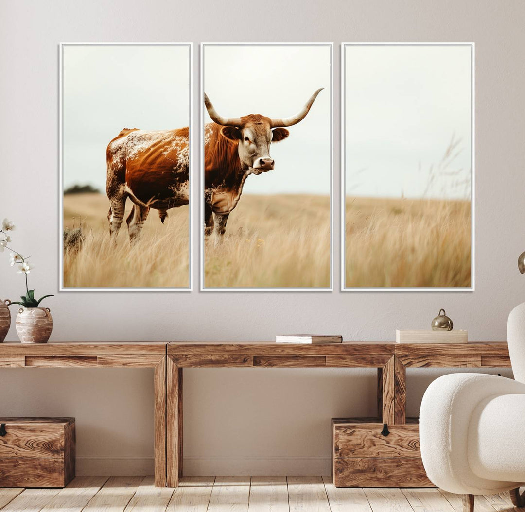 The Texas Longhorn canvas wall art print enhances a rustic farmhouse decor setting.