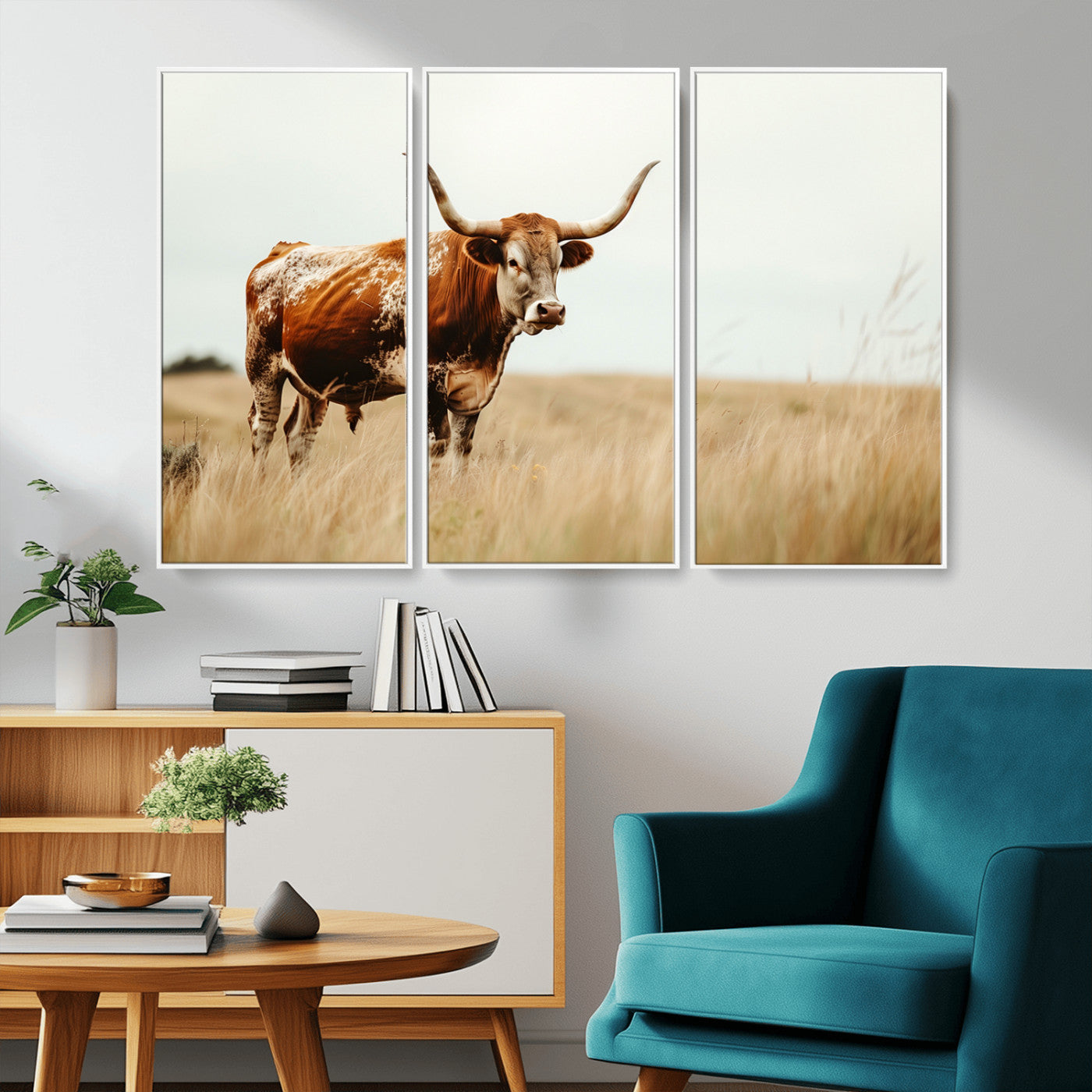 MGV-FC-48X32-3P - Texas Longhorn Canvas Wall Art Print – Majestic Western Cattle in Rustic Farmhouse Decor – Cow Wall