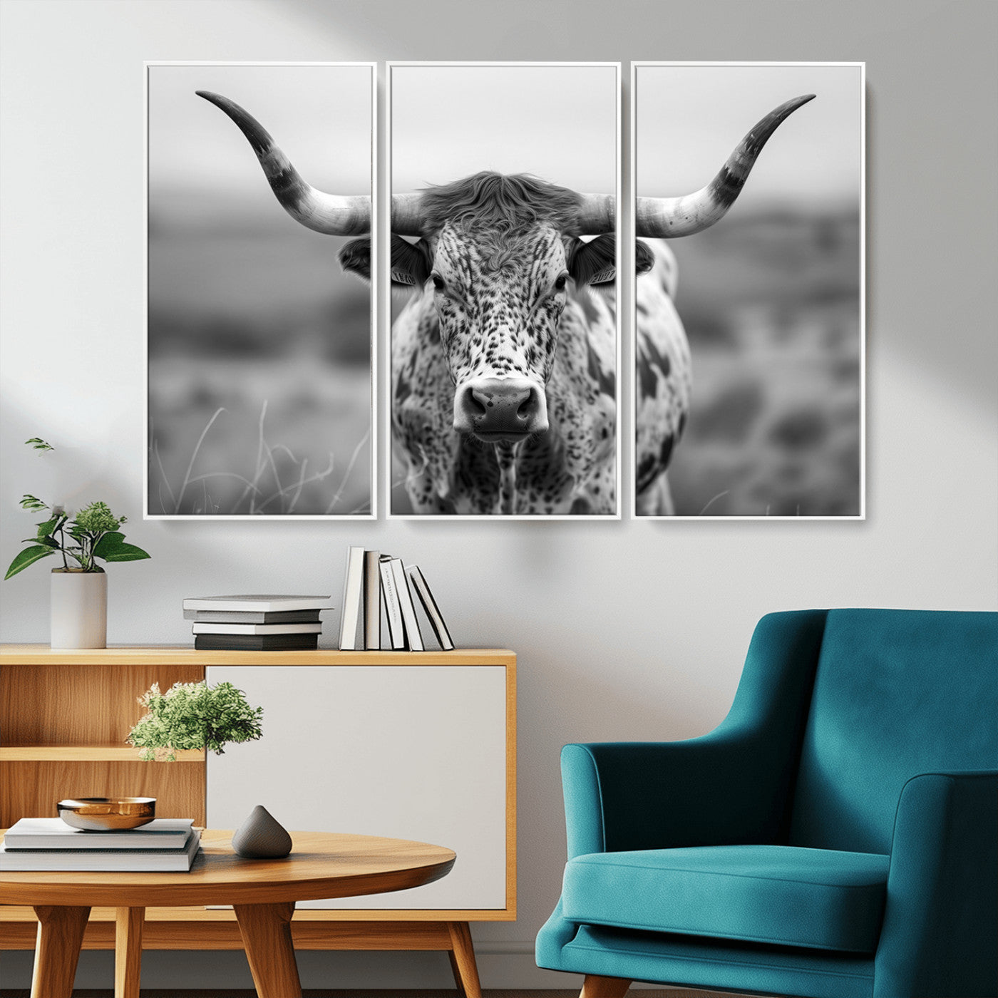 MGV-FC-48X32-3P - Texas Cow Longhorn Wall Art Canvas Print for Farm House Wall Decor, Farmhouse Wall Art Print