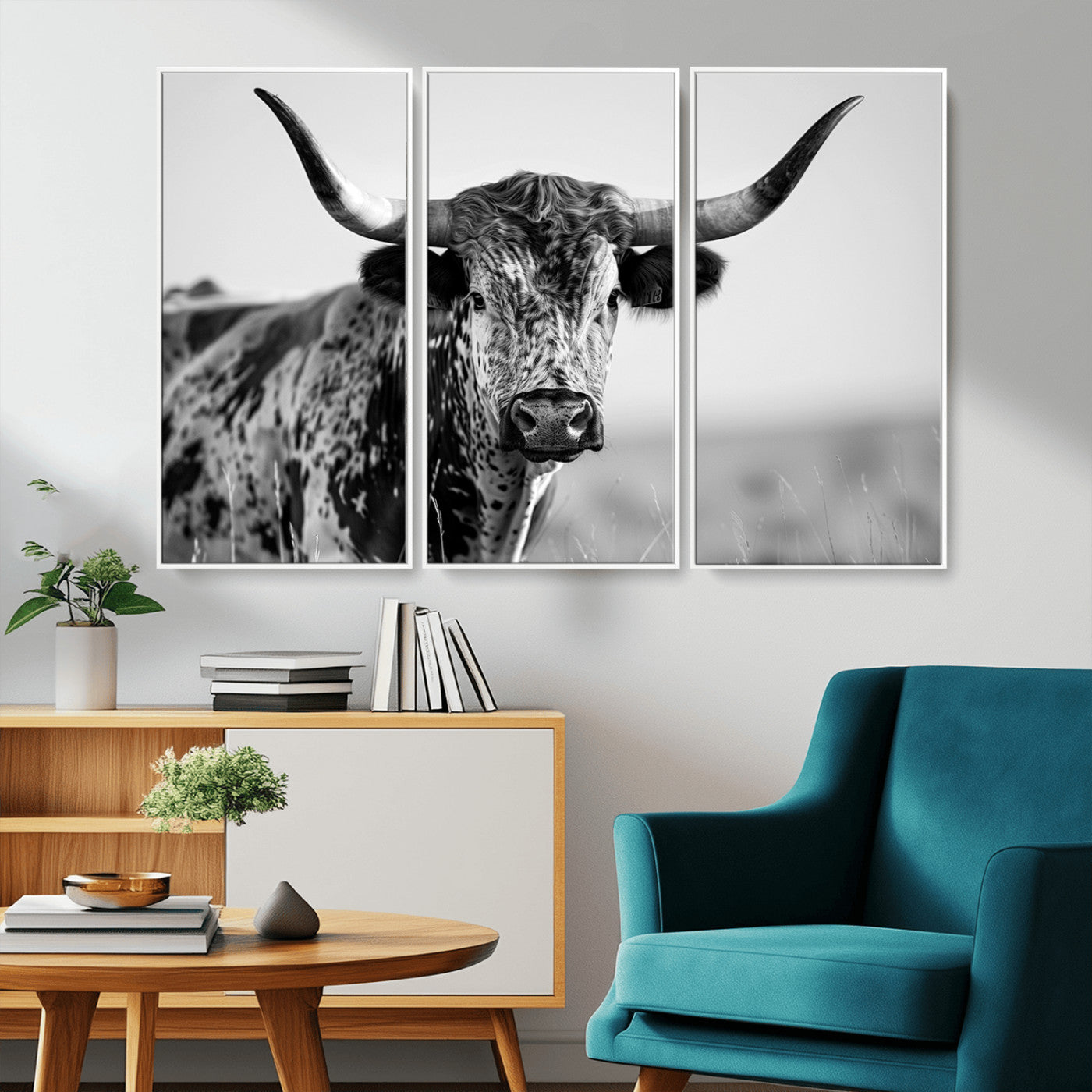 MGV-FC-48X32-3P - Texas Highland Cow Longhorn Canvas Print - Rustic Farmhouse Wall Art - Large Texas Longhorn