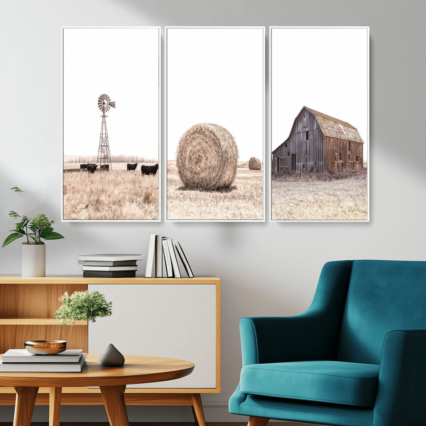 MGV-FC-48X32-3P - Rustic Farmhouse Wall Art Set of 3 – Country Barn and Wheat Field | Farm Prints for Country Home and