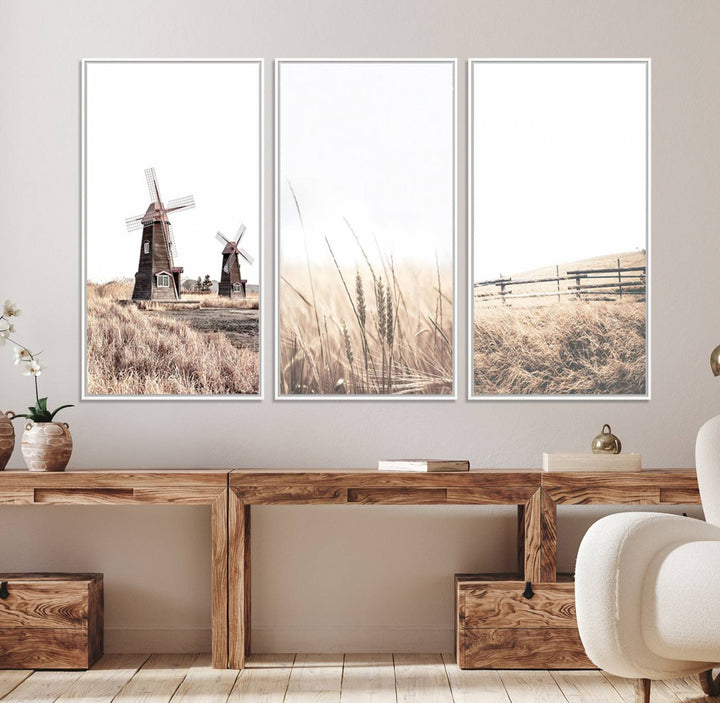 Farmhouse wall art set: 3 giclee canvas prints featuring windmills and wheat fields.