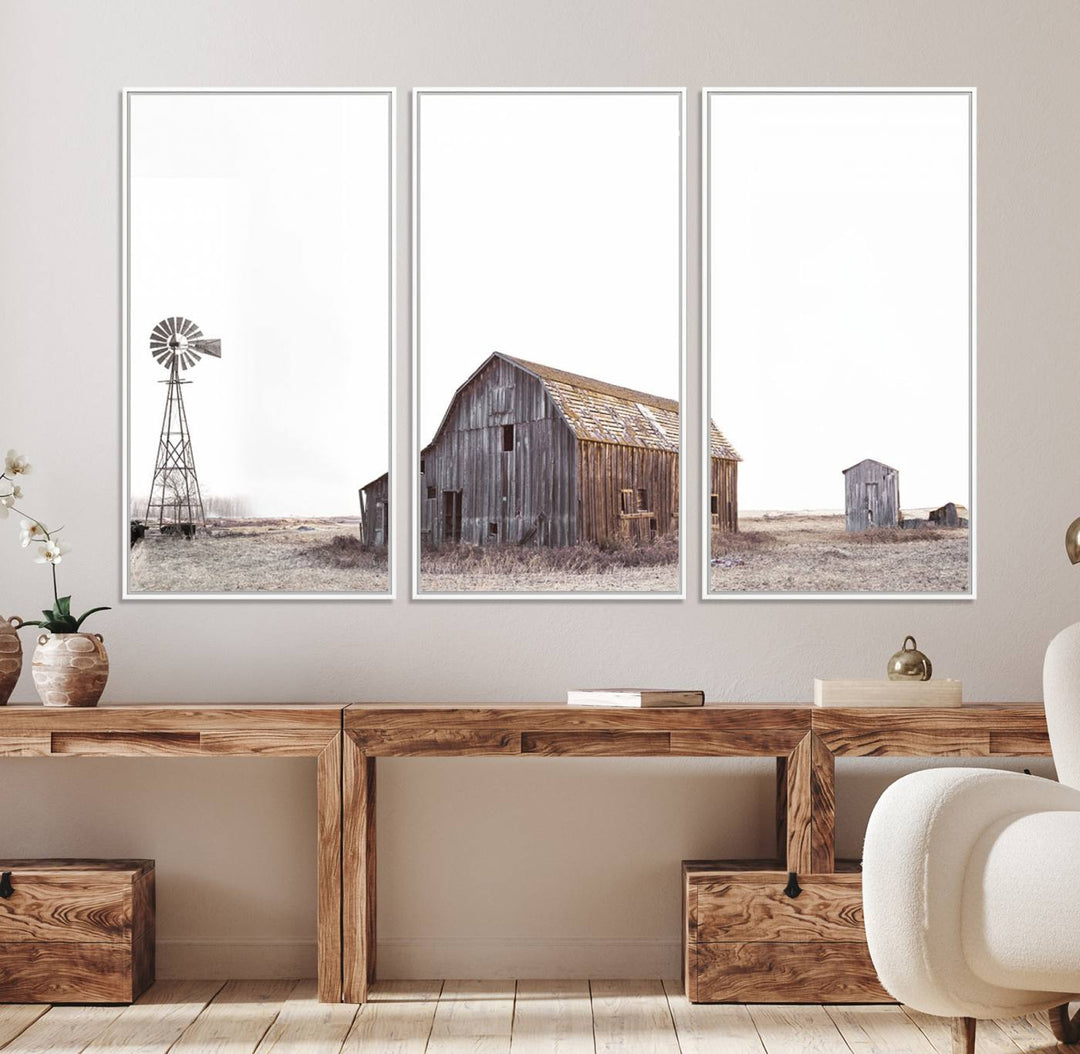 The Set of 3 Rustic Farmhouse Wall Art Prints features a barn, wheat field, and landscape.