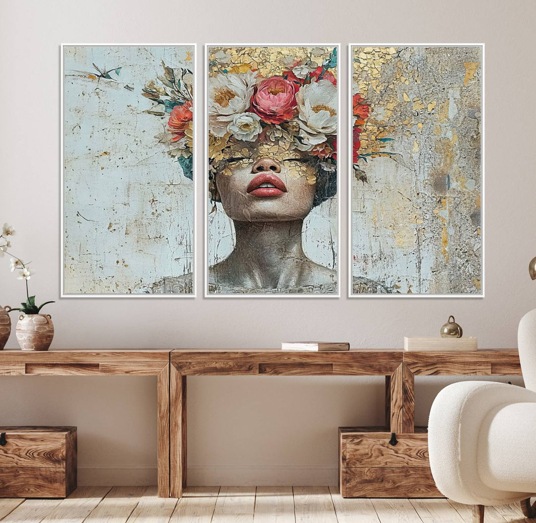 Golden Petal Canvas Print of a silhouette woman with a floral head creates a captivating focal point in the space.