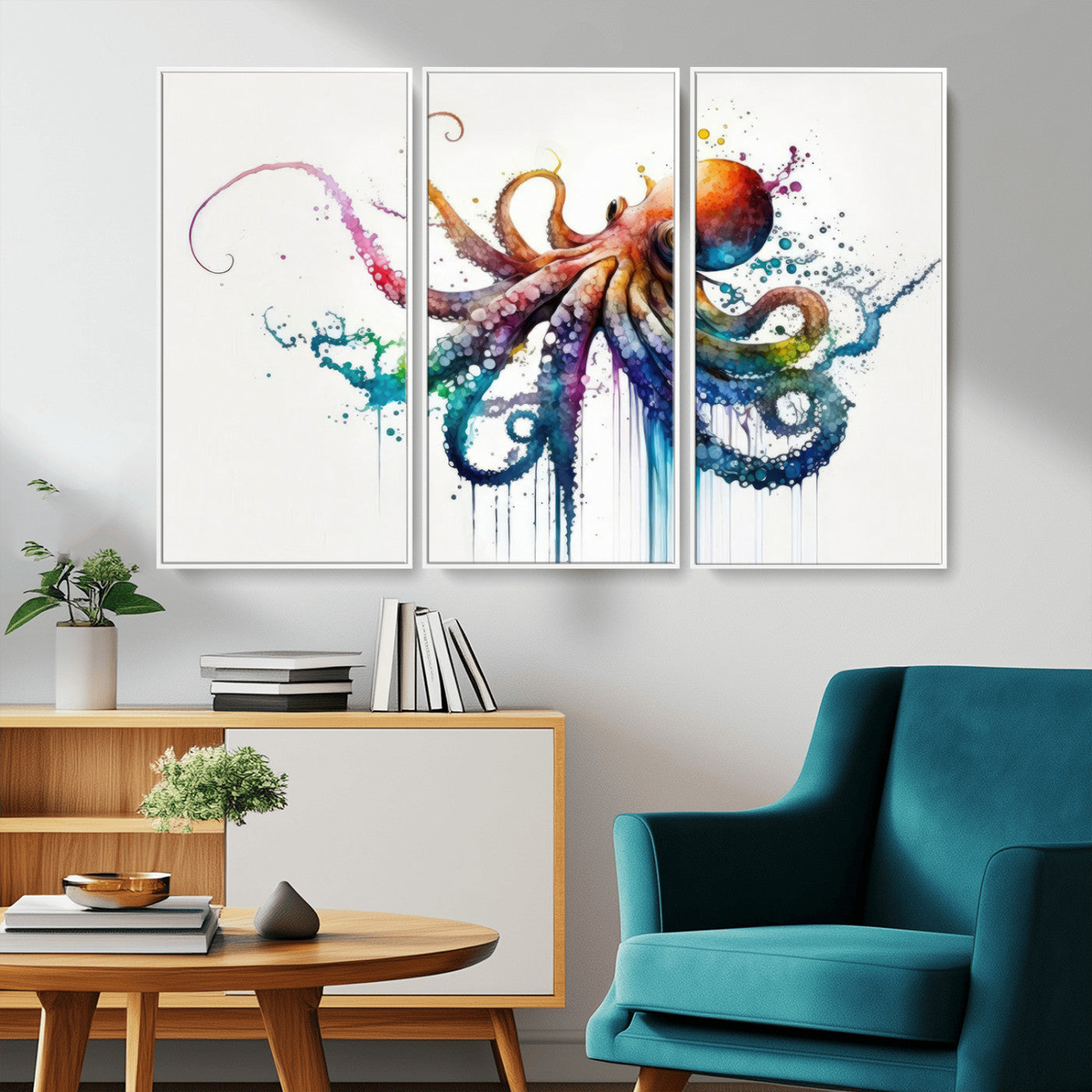 MGV-FC-48X32-3P - Watercolor Vibrant Octopus Wall Art Canvas Print | Abstract Sea Life Art | Colorful Marine Creature