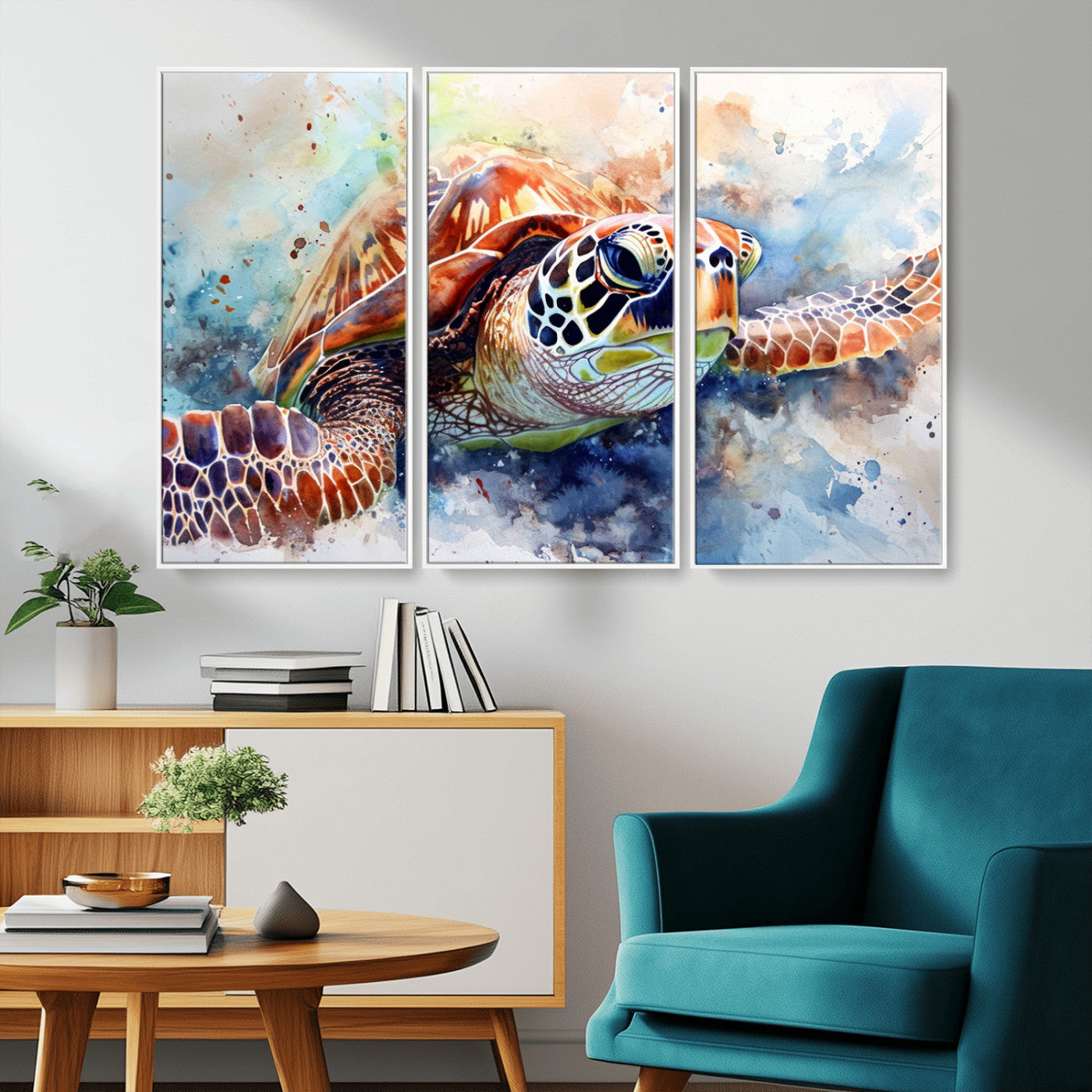 MGV-FC-48X32-3P - Watercolor Sea Turtle Wall Art Canvas Print - Vibrant Ocean Colors in Watercolor Style - Ready to