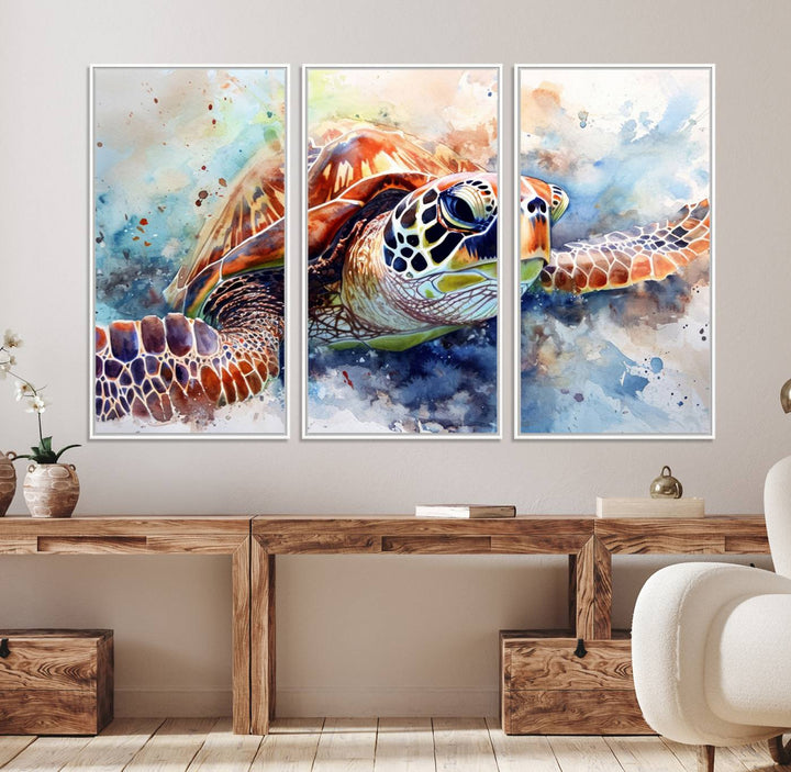 A Watercolor Sea Turtle Canvas Print with vibrant ocean colors adorns the wall.