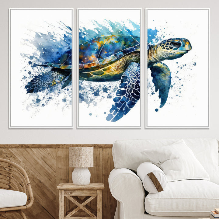 The Turtle Wall Art Print, featuring blue splashes, beautifully showcases Ocean Life.