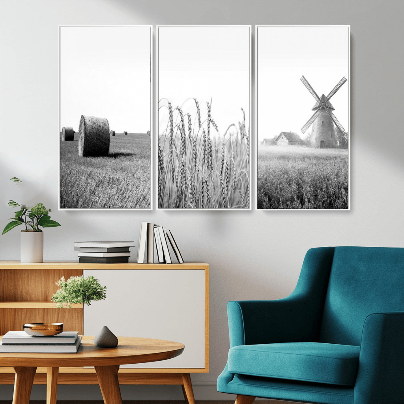 MGV-FC-48X32-3P - Vintage Farmhouse Black and White Triptych Wall Art – Giclee Canvas Featuring Wheat Fields, Hay