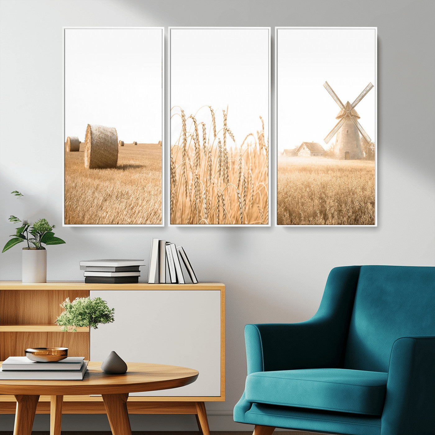 MGV-FC-48X32-3P - Vintage Farmhouse Triptych Wall Art – Giclée Canvas Featuring Wheat Fields, Hay Bales, and a