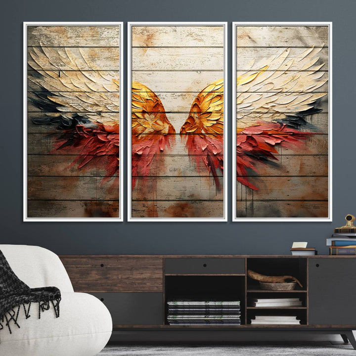 Abstract Angel Wings Canvas Art on a wooden backdrop.