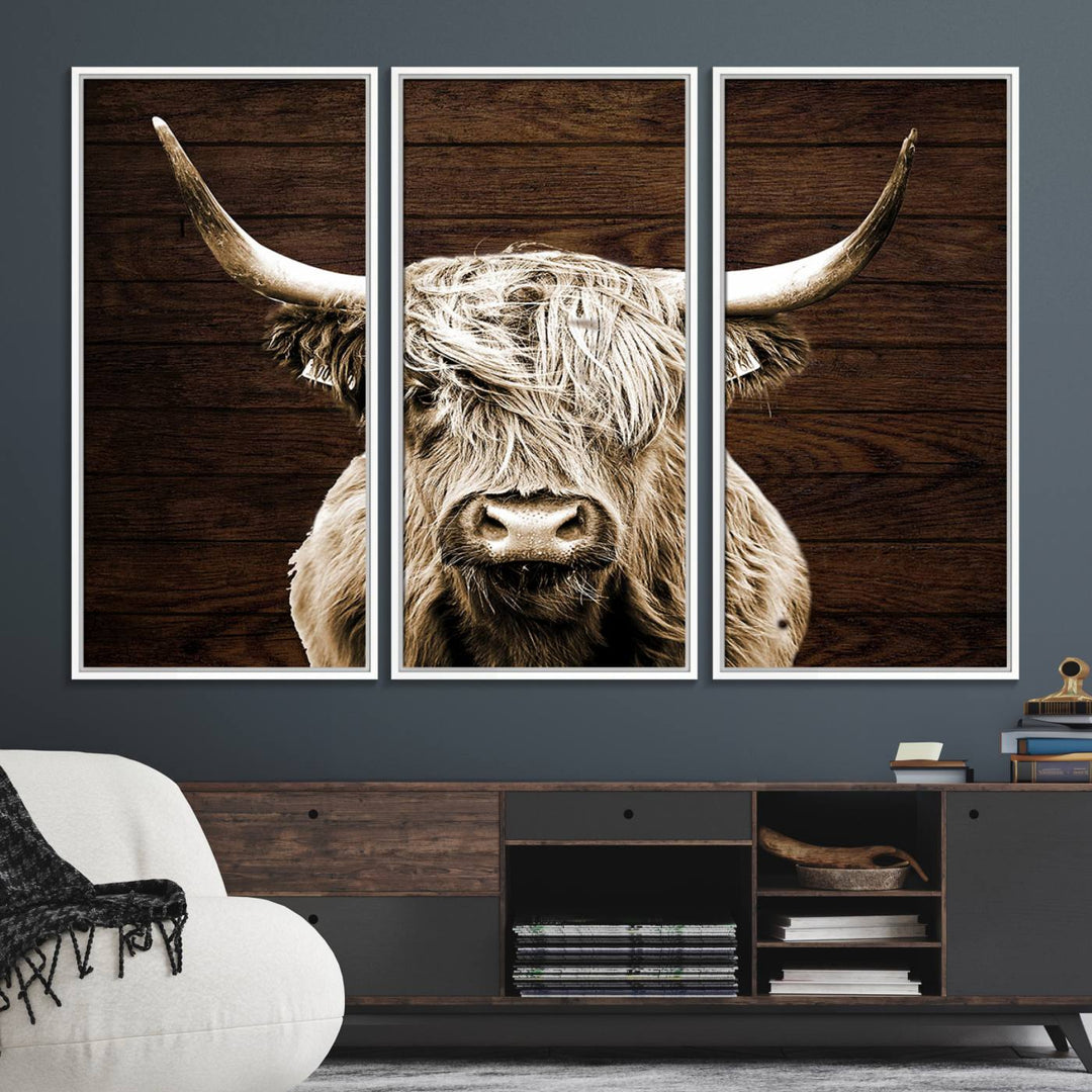 Highland Cow Wall Art Canvas Print: Majestic Scottish bull on rustic decor, ready to hang.