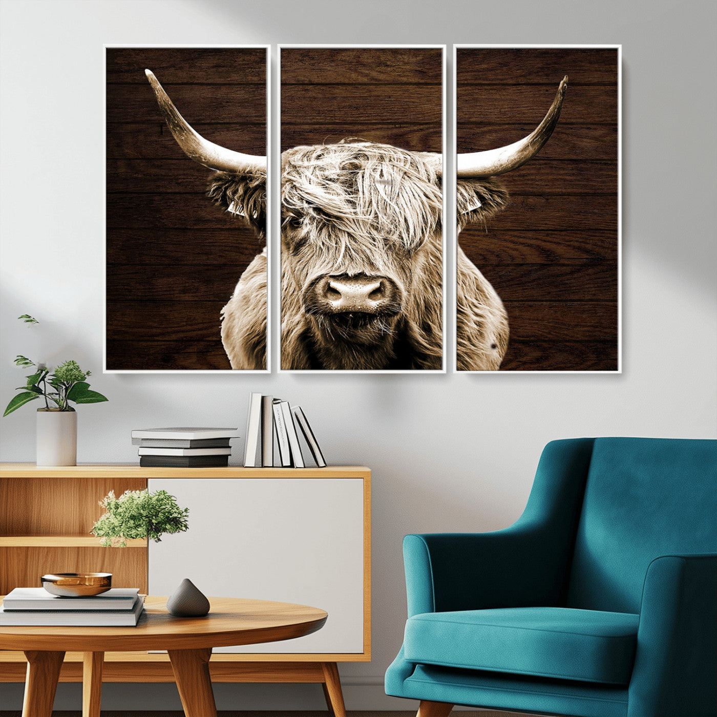 MGV-FC-48X32-3P - Highland Cow Wall Art Canvas Print, Rustic Farmhouse Decor, Majestic Scottish Highland Bull Portrait
