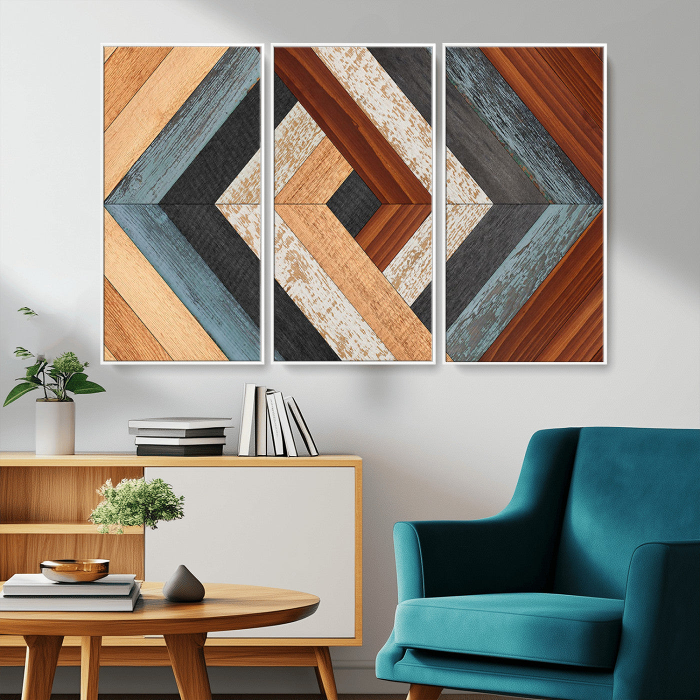 MGV-FC-48X32-3P - Geometric Wood Art Wall Decor Canvas Print, Rustic Wooden Pattern Triptych Wall Art for Living Room
