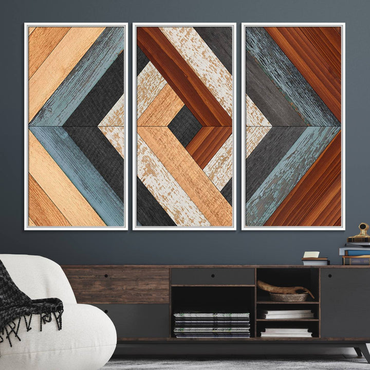 A Geometric Wood Art Wall Decor with a rustic pattern hangs prominently.