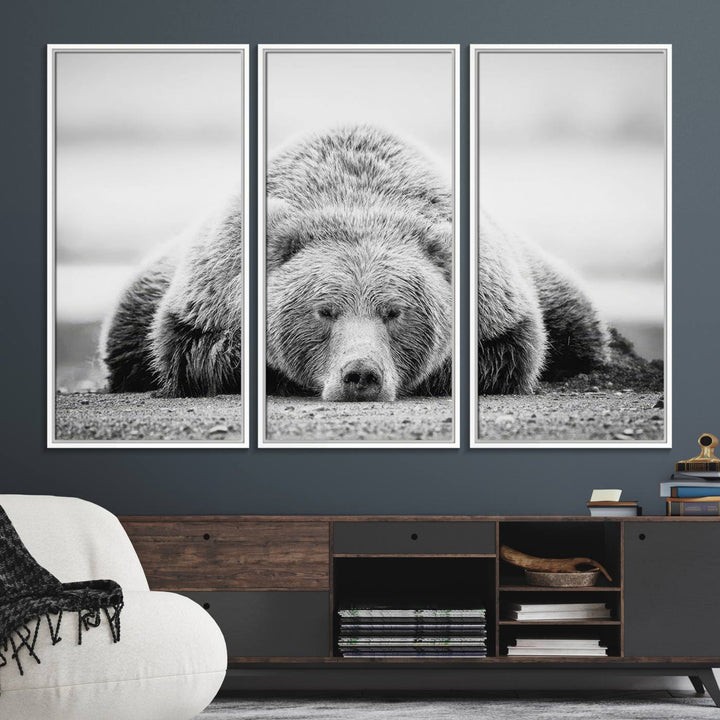 Resting Grizzly Bear wall art displayed in a modern room.