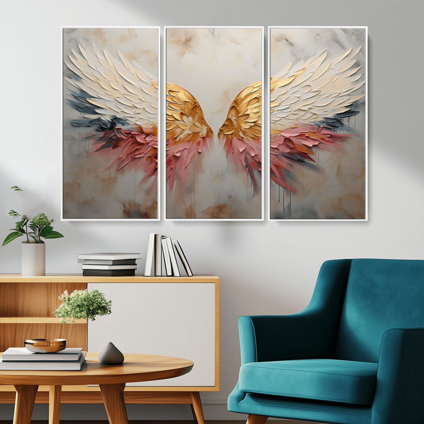 MGV-FC-48X32-3P - Golden Angel Wings Wall Art Canvas Print – Stunning Abstract Winged Art for Elegant Home Decor –