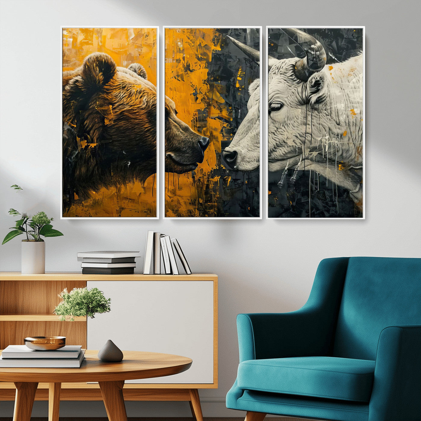 MGV-FC-48X32-3P - Bear and Bull Wall Art Canvas Print – Abstract Animal Portrait Painting for Modern Home Decor –