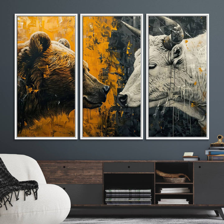 The Bear and Bull Wall Art Canvas Print adorns the wall.