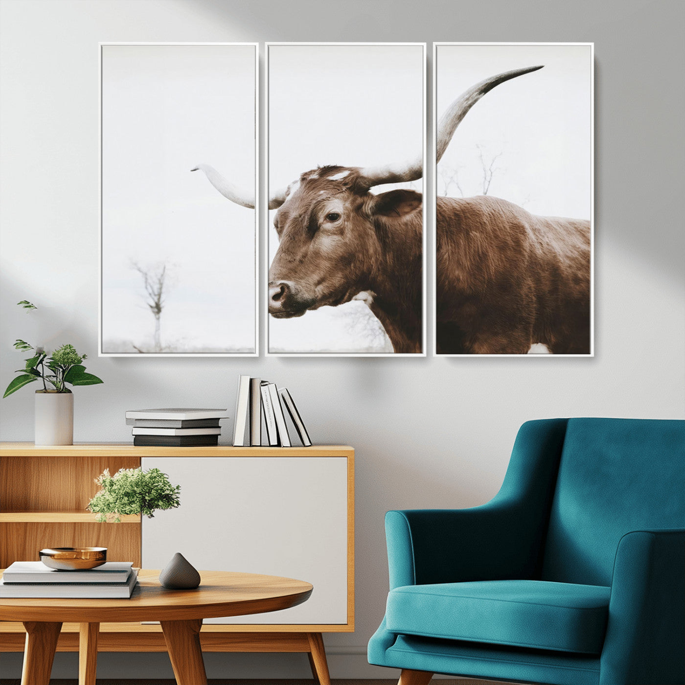 MGV-FC-48X32-3P - Rustic Bull Wall Art Canvas Print – Modern Longhorn Farmhouse Animal Decor – Abstract Farm Cow