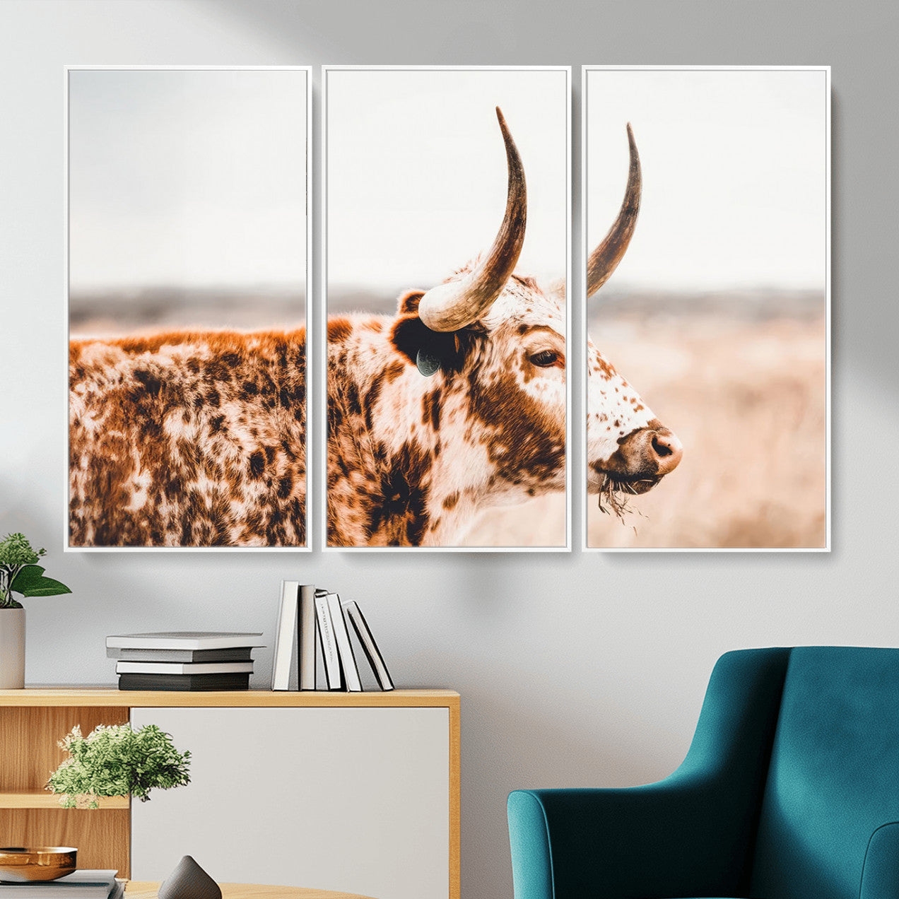 MGV-FC-48X32-3P - Speckled Bull Wall Art Canvas Print – Rustic Cow Longhorn Farmhouse Animal Decor – Western Longhorn