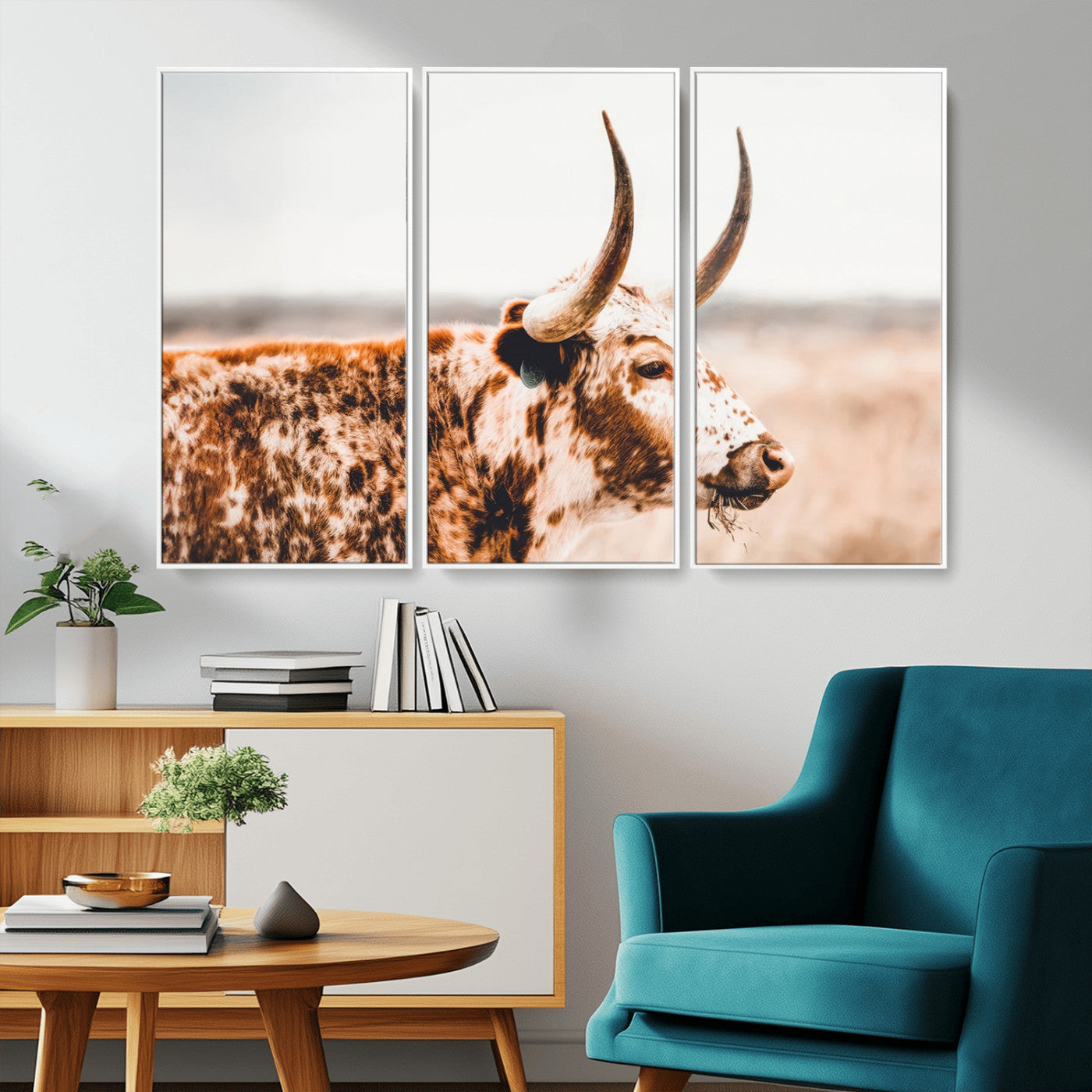 -Speckled Bull Wall Art Canvas Print – Rustic Cow Longhorn Farmhouse Animal Decor – Western Longhorn