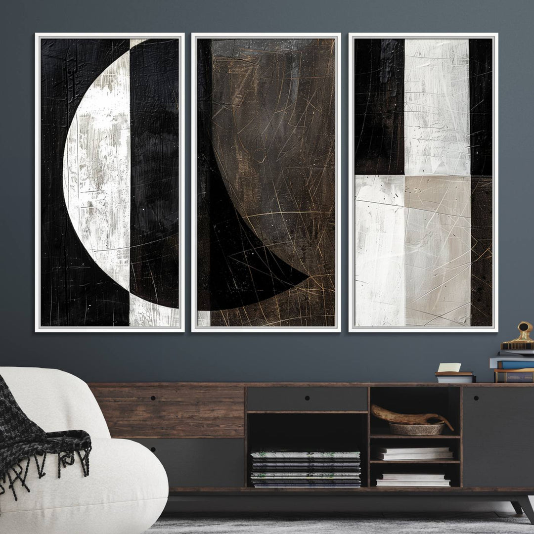 Wabi Sabi Wall Art Canvas Set features black, white, and brown geometric shapes.