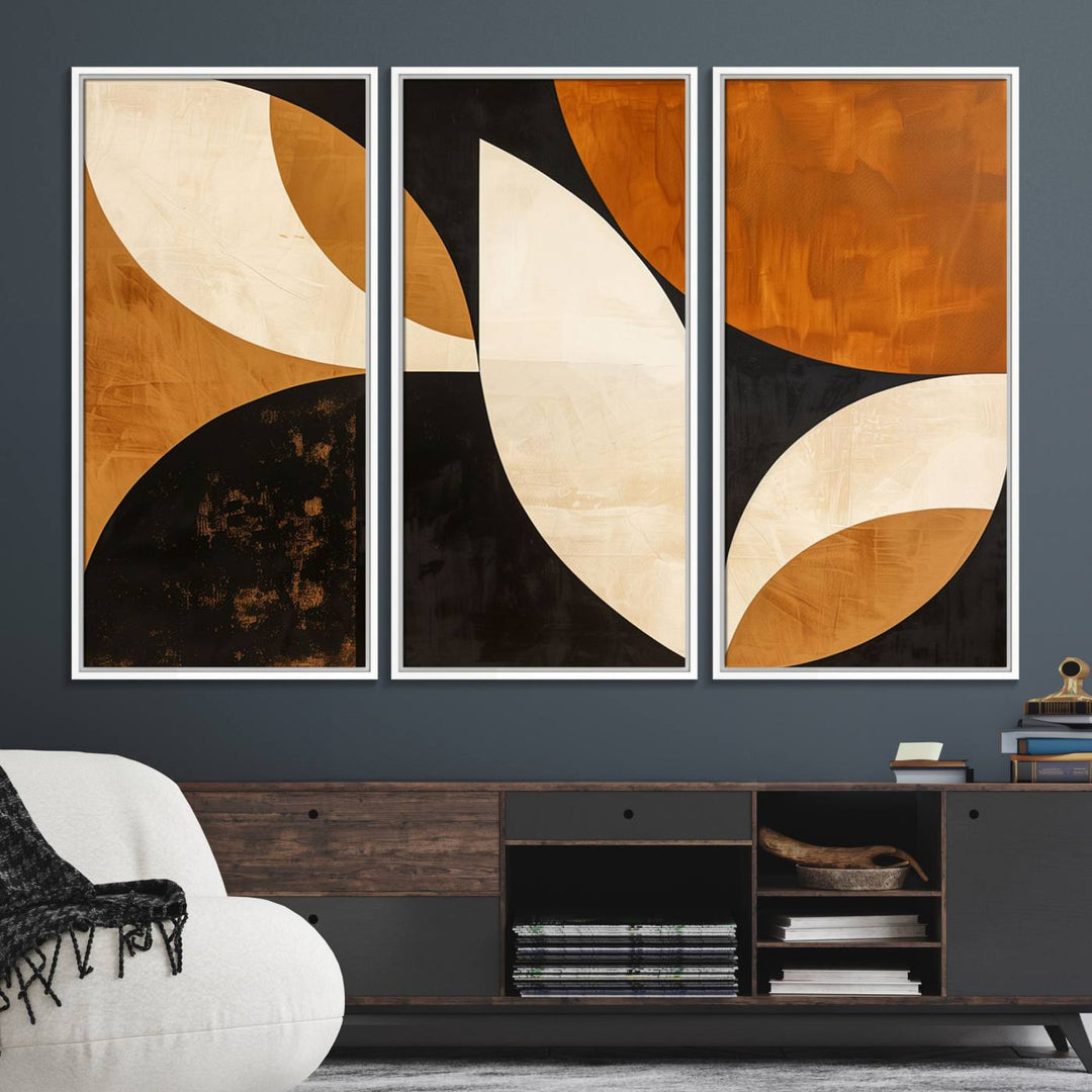 Geometric abstract wall art print featuring leaf shapes in brown, beige, and black.