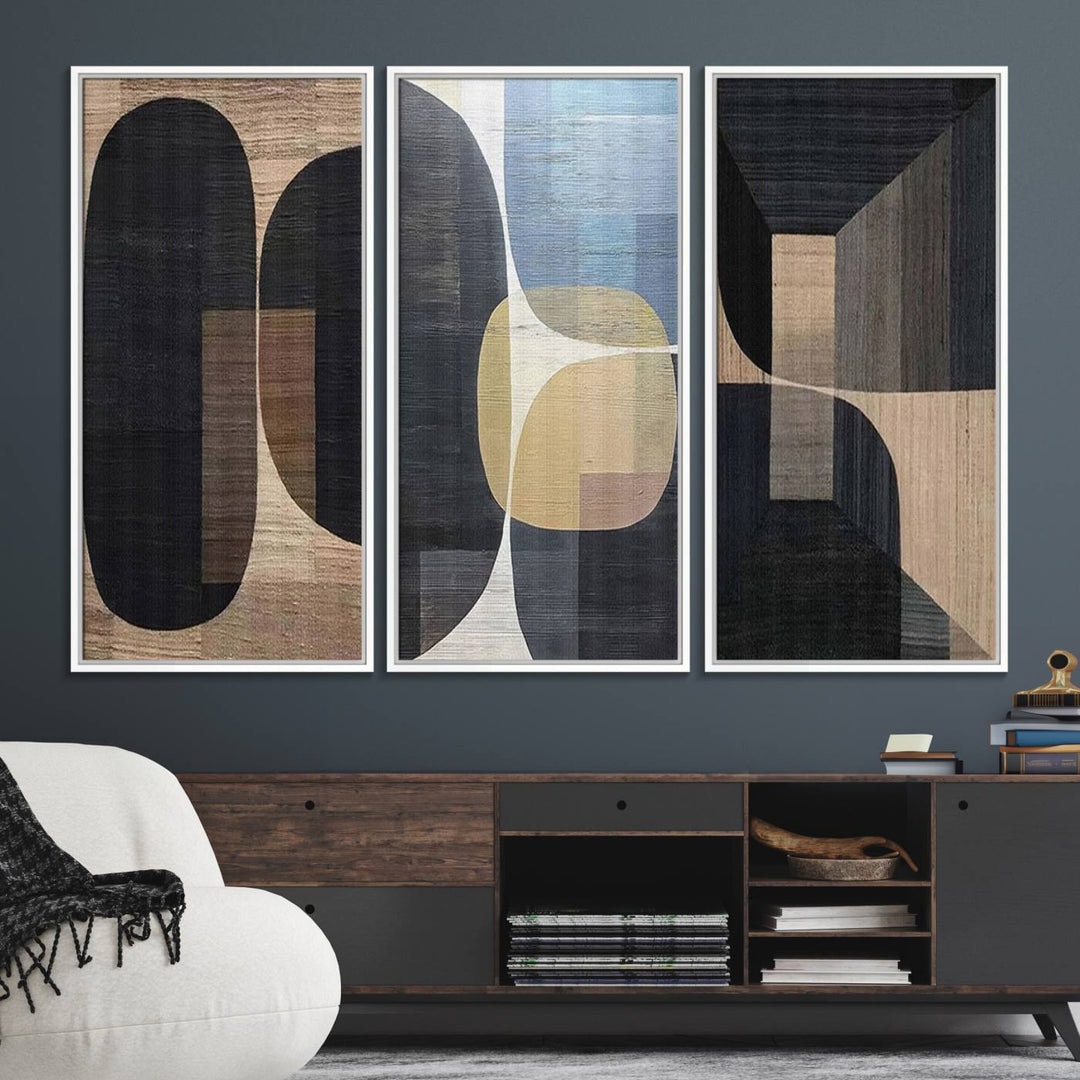 Minimalist 3 Panel Abstract Brown Wabi Sabi Wall Art Canvas Print.