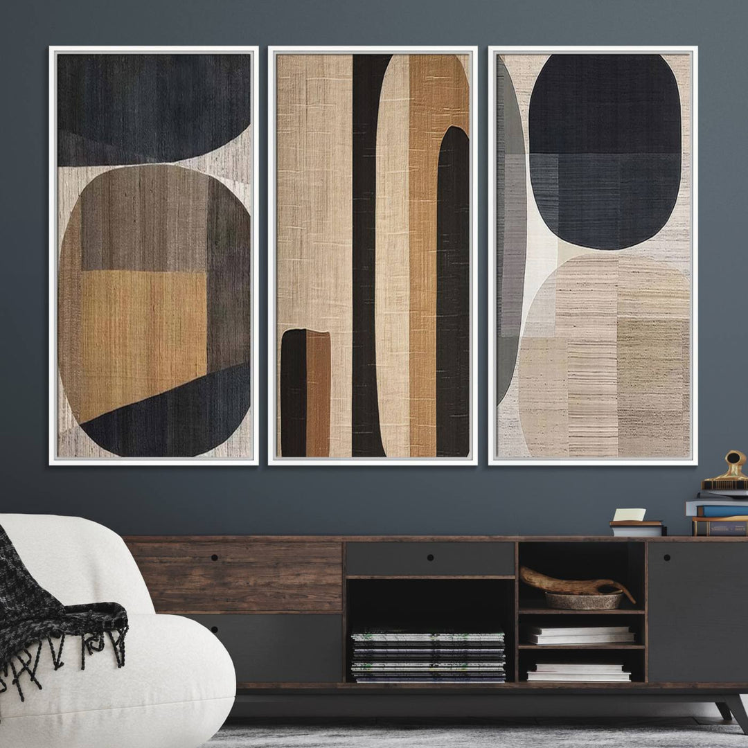 A modern dining room featuring neutral geometric boho abstract minimalist canvas art.