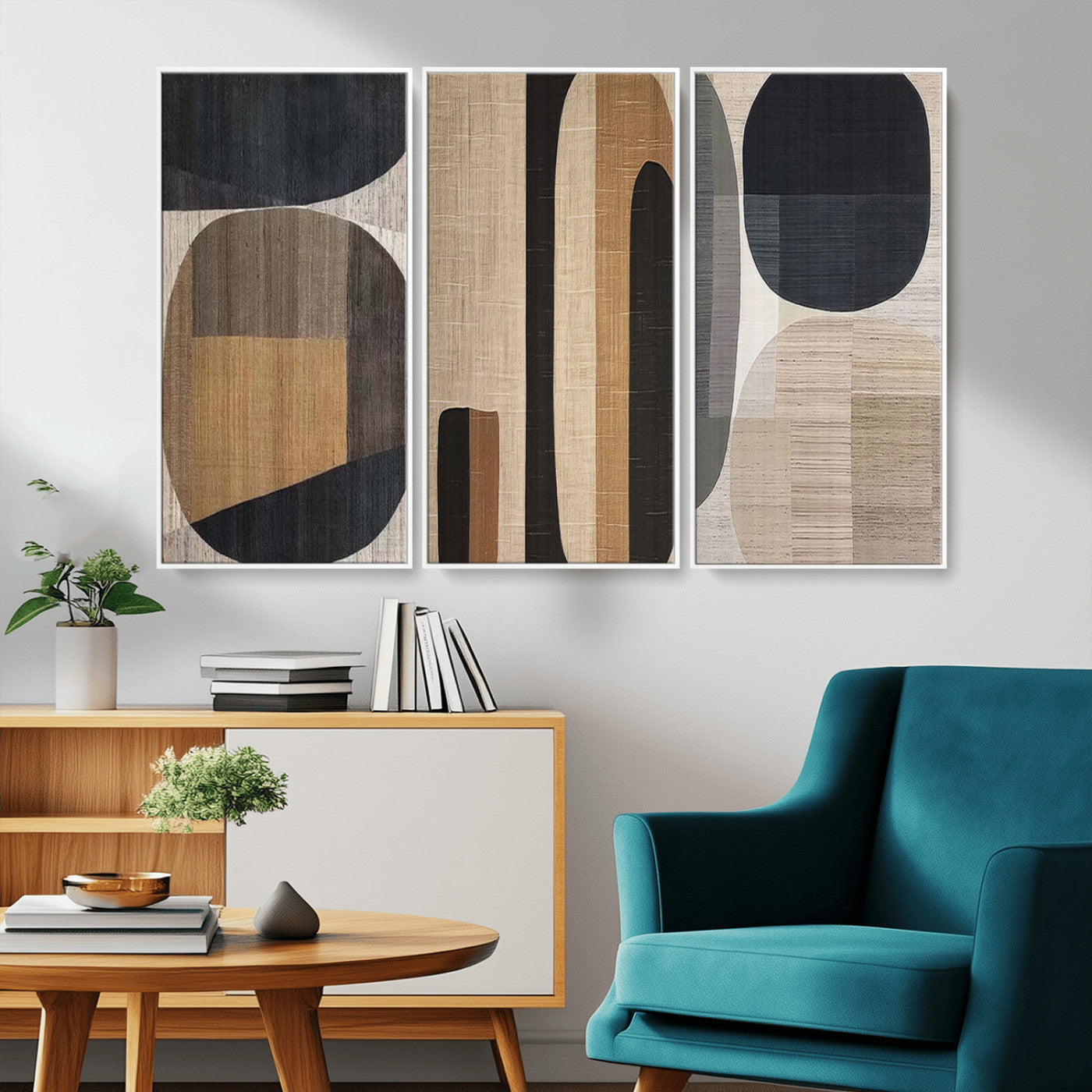 MGV-FC-48X32-3P - Abstract Minimalist Canvas Wall Art - Neutral Geometric Modern Boho Decor, Minimalist Brown Wabi